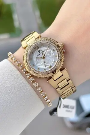 Gold Renk Hediye Paketli 32 Mm Kadın Kol Saati ve Bileklik