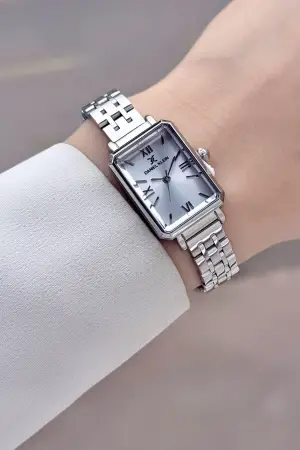 Gümüş Renk Dikdörtgen Kasa Kadın Kol Saati ve Bileklik