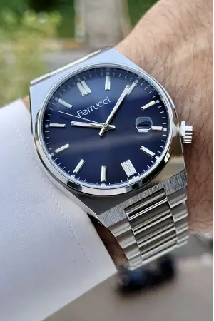 Ferrucci FCISTE223 Kadranı Lacivert Kordonu Gümüş Renk Takvimli Erkek Kol Saati