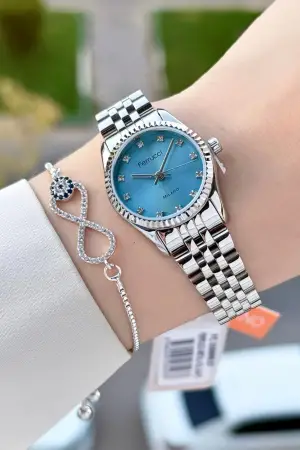 Kadranı Mavi Kordonu Gümüş Renk 24 Mm Kadın Kol Saati ve Bileklik