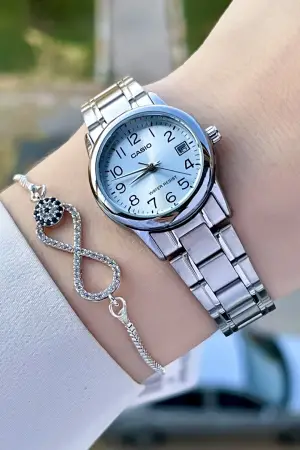 Casio CSISTE110 Kadranı Mavi Kordonu Gümüş Renk Takvimli Hediye Paketli Kadın Kol Saati