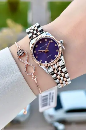 Kadranı Mor Kordonu Rose Gümüş Renk 24 Mm Kadın Kol Saati ve Bileklik