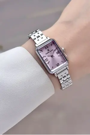 Kadranı Pembe Kordonu Gümüş Renk Dikdörtgen Kasa Kadın Kol Saati ve Bileklik