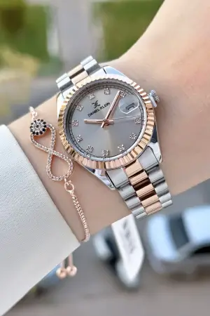 Kadranı Rose Kordonu Rose Gümüş Renk 33 Mm Hediye Paketli Kadın Kol Saati ve Bileklik