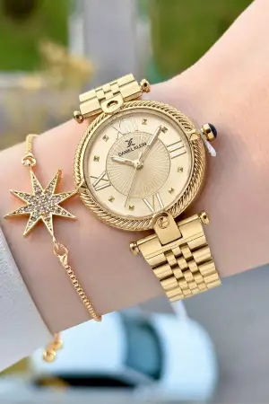 Kadranı Sarı Kordonu Gold Renk 32 Mm Kadın Kol Saati ve Bileklik