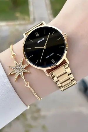 Casio CSISTE161 Kadranı Siyah Kordonu Gold Renk Kadın Kol Saati