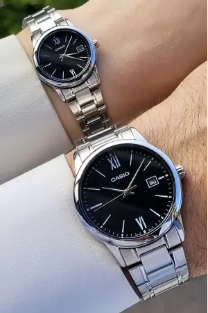 Casio CSISTE57 Kadranı Siyah Kordonu Gümüş Renk Hediye Paketli Sevgili Çift İki Kol Saati