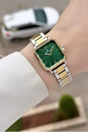 Kadranı Yeşil Gold Gümüş Renk 26 mm Kadın Kol Saati ve Bileklik
