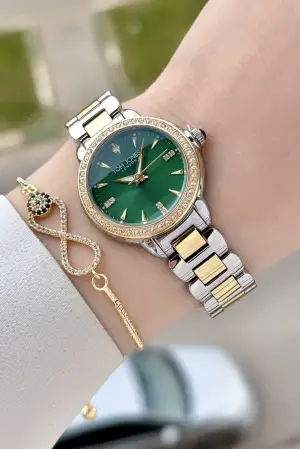 Kadranı Yeşil Gold Gümüş Renk 30 mm Kadın Kol Saati ve Bileklik