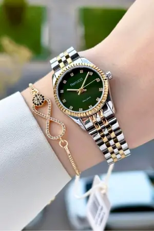 Kadranı Yeşil Kordonu Gold Gümüş Renk 24 Mm Kadın Kol Saati ve Bileklik
