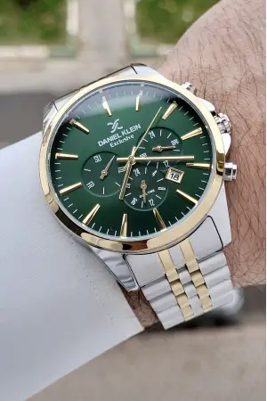 Kadranı Yeşil Kordonu Gold Gümüş Renk Göstergeleri Aktif Fonksiyonlu Hediye Paketli Erkek Kol Saati