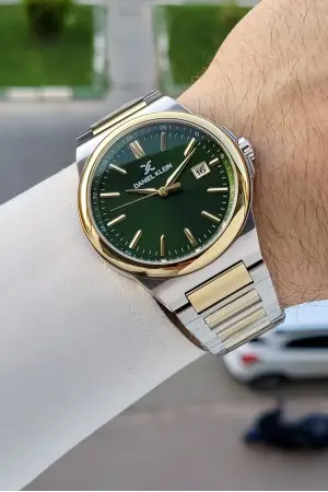 Kadranı Yeşil Kordonu Gold Gümüş Renk Takvimli Hediye Paketli Erkek Kol Saati