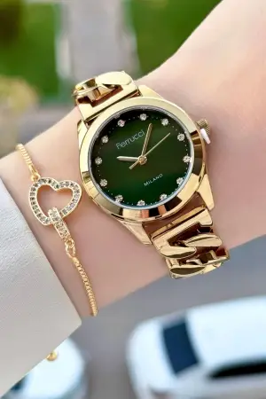 Kadranı Yeşil Kordonu Gold Renk 30 Mm Kadın Kol Saati ve Bileklik
