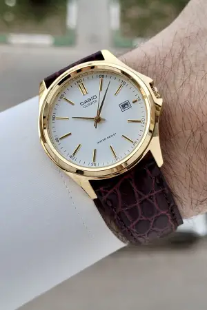 Casio CSISTE209 Casio Kasası Gold Kadranı Beyaz Kordonu Kahverengi Renk Hediye Paketli Erkek Kol Saati