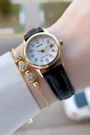 Casio CSISTE215 Casio Kasası Gold Kordonu Siyah Renk Takvimli Hediye Paketli Kadın Kol Saati