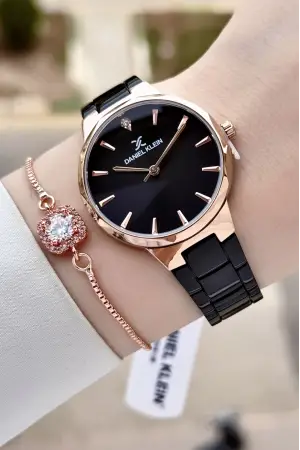 Kasası Rose Kordonu Siyah Renk Kadın Kol Saati Ve Bileklik