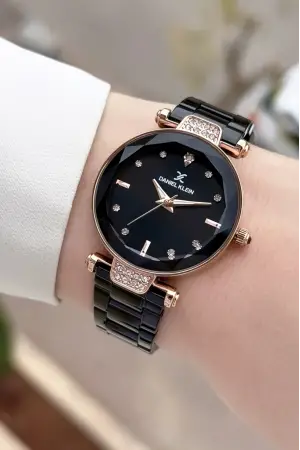 Kasası Rosse Kordonu Siyah Renk 32 Mm Kadın Kol Saati ve Hediye Bileklik