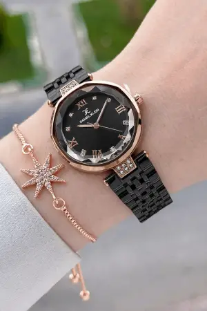 Rose Siyah Renk Kesme Camlı Kadın Kol Saati