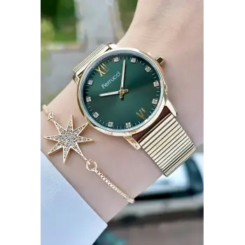 Ferrucci FCISTE245 Kadranı Yeşil Kordonu Gold Renk ve Bileklik