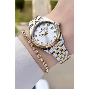Daniel Klein DKISTE1142 Gold Gümüş Renk Hediye Paketli Takvimli Kadın Kol Saati ve Bileklik