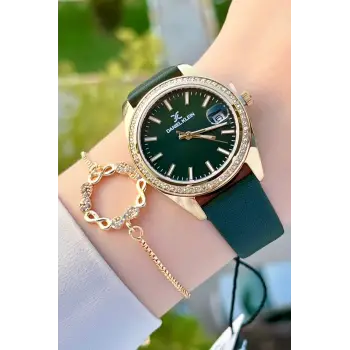 Daniel Klein DKISTE1203 Kasası Gold Kordonu Yeşil Renk Hediye Paketli Kadın Kol Saati ve Bileklik