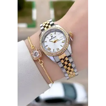 Daniel Klein DKISTE1540 Gold Gümüş Renk 28 mm Kristal Cam Kadın Kol Saati ve Bileklik