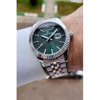 Kadranı Yeşil Kordonu Gümüş Renk 42 mm Fonksiyonlu Erkek Kol Saati
