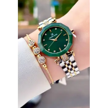 Kadranı Yeşil Kordonu Gold Gümüş Renk 30 Mm Kadın Kol Saati Ve Bileklik