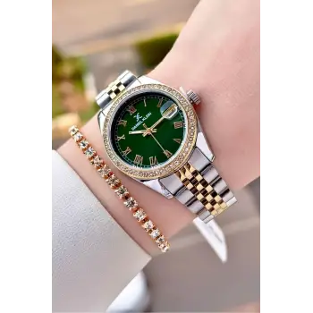 Kadranı Yeşil Kordonu Gold Gümüş Renk 32,5 Mm Takvimli Kadın Kol Saati Ve Bileklik