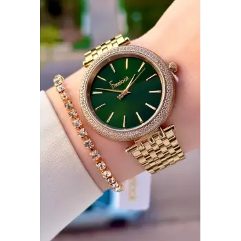 Kadranı Yeşil Kordonu Gold Renk 38 mm Kadın Kol Saati ve Bileklik