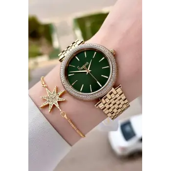 Kadranı Yeşil Kordonu Gold Renk 38 Mm Kadın Kol Saati Ve Bileklik