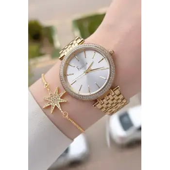 Gold Renk 38 Mm Kadın Kol Saati Ve Bileklik