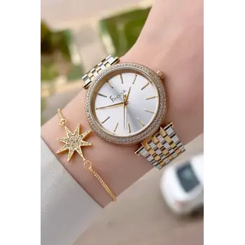 Gold Gümüş Renk 38 Mm Kadın Kol Saati Ve Bileklik