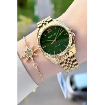 Ferrucci FCISTE377 Kadranı Yeşil Kordonu Gold Renk Kadın Kol Saati ve Bileklik