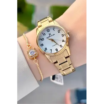 Gold Renk Rakamlı Kadın Kol Saati ve Bileklik