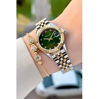Kadranı Yeşil Kordonu Gold Gümüş Renk Takvimli 25 Mm Kadın Kol Saati ve Bileklik
