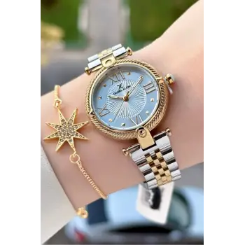 Gold Gümüş Renk 32 Mm Kadın Kol Saati ve Bileklik