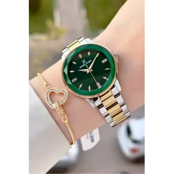 Kadranı Yeşil Kordonu Gold Gümüş Renk 34 Mm Kadın Kol Saati ve Bileklik