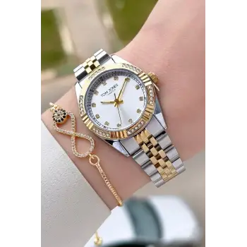 Gold Gümüş Renk 30 mm Kadın Kol Saati ve Bileklik