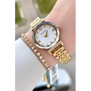 Gold Renk 30 Mm Kadın Kol Saati ve Hediye Bileklik