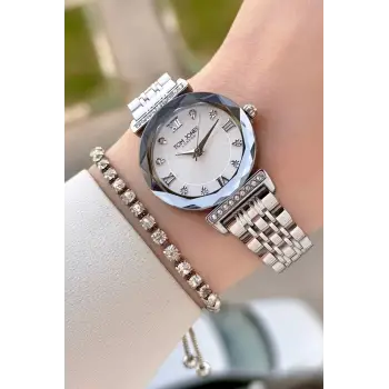 Gümüş Renk 30 Mm Kadın Kol Saati ve Hediye Bileklik