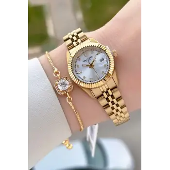 Gold Renk 25 Mm Kadın Kol Saati ve Bileklik
