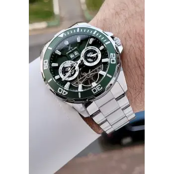Kadranı Yeşil Kordonu Gümüş Renk Otomatik Takvimli Hediye Paketli Erkek Kol Saati