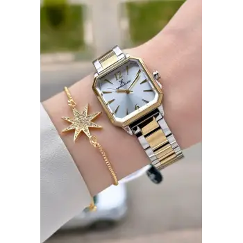 Gold Gümüş Renk 26 mm Kadın Kol Saati ve Bileklik