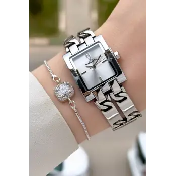 Gümüş Renk 24 Mm Zincirli Kadın Kol Saati ve Hediye Bileklik