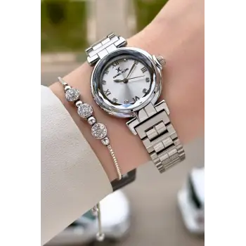 Gümüş Renk 30 Mm Kristal Cam Kadın Kol Saati ve Hediye Bileklik