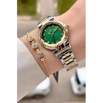 Kadranı Yeşil Kordonu Gold Gümüş Renk 30 Mm Kadın Kol Saati ve Bileklik