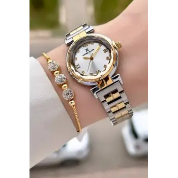 Gold Gümüş Renk 30 Mm Kristal Cam Kadın Kol Saati ve Hediye Bileklik