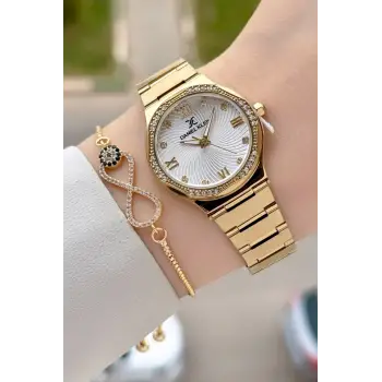 Gold Renk 30 Mm Kadın Kol Saati ve Hediye Bileklik