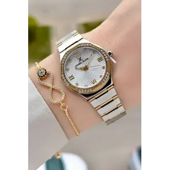 Gold Gümüş Renk 30 Mm Kadın Kol Saati ve Hediye Bileklik